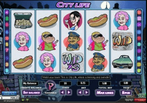 City Life Slots by Random Logic has 5 reels, 20 pay- lines and two wild symbols